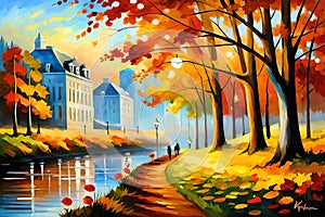 An Impressionist Oil Painting Of A Vintage Autumn Landscape With Colorful Trees And Leaves. Generative AI