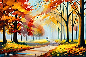 An Impressionist Oil Painting Of A Vintage Autumn Landscape With Colorful Trees And Leaves. Generative AI