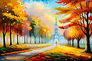 An Impressionist Oil Painting Of A Vintage Autumn Landscape With Colorful Trees And Leaves. Generative AI