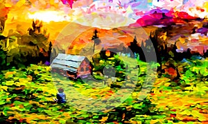 An impressionist oil style image of a farm house in a country setting