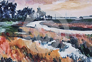 Impressionist painting of river through wetlands