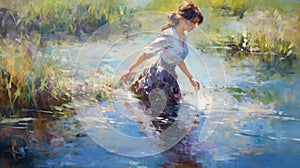 Impressionist Painting: Serene Peasant Girl Walking In A Stream