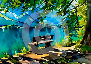 An impressionist painting style image of a bench and trees in a peaceful woodland landscape