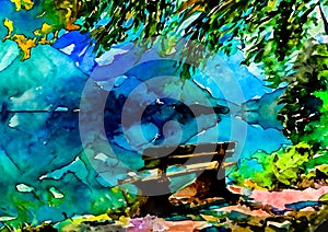 An impressionist painting style image of a bench and trees in a peaceful woodland landscape