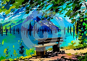 An impressionist painting style image of a bench and trees in a peaceful woodland landscape