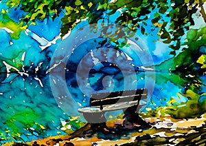 An impressionist painting style image of a bench and trees in a peaceful woodland landscape