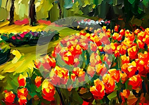 An impressionist painting style image of a landscape with tulips and trees