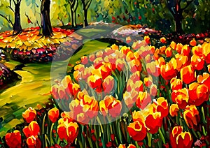 An impressionist painting style image of a landscape with tulips and trees