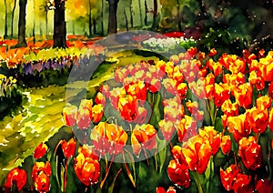 An impressionist painting style image of a landscape with tulips and trees