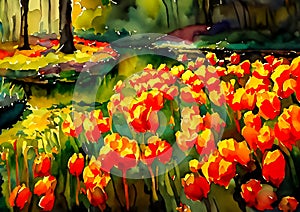 An impressionist painting style image of a landscape with tulips and trees