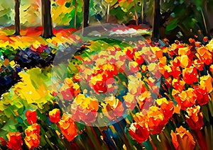 An impressionist painting style image of a landscape with tulips and trees