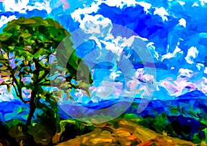 An impressionist painting style image of a large tree on a ridge