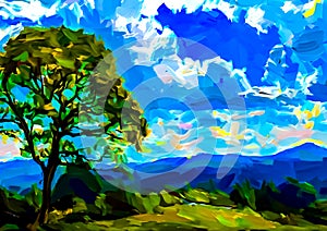 An impressionist painting style image of a large tree on a ridge