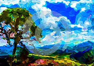 An impressionist painting style image of a large tree on a ridge