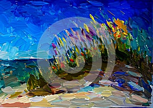 An impressionist painting style image of a sandy dune beach with bull rushes