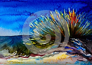 An impressionist painting style image of a sandy dune beach with bull rushes