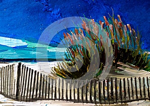 An impressionist painting style image of a sandy dune beach with bull rushes