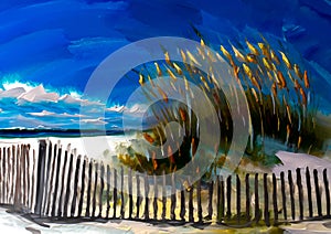 An impressionist painting style image of a sandy dune beach with bull rushes