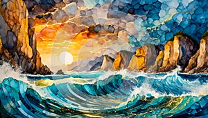 An impressionist painting style image of a seaside landscape