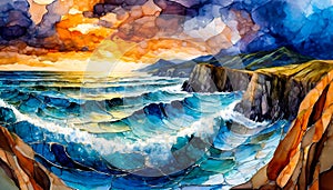 An impressionist painting style image of a seaside landscape photo