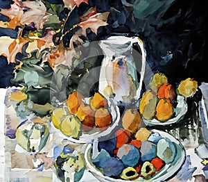 An impressionist painting style image of a still life