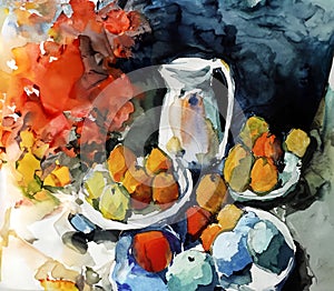 An impressionist painting style image of a still life