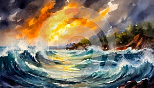 An impressionist painting style image of a storm at sea and a ragging fire