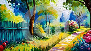 An impressionist painting style image of trees and path in a peaceful woodland landscape