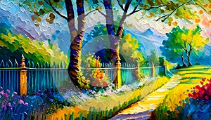 An impressionist painting style image of trees and path in a peaceful woodland landscape