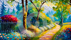 An impressionist painting style image of trees and path in a peaceful woodland landscape