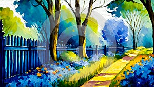 An impressionist painting style image of trees and path in a peaceful woodland landscape