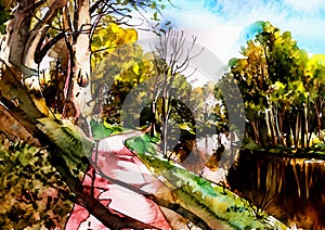 An impressionist painting style image of trees a river and path in a peaceful woodland landscape