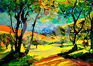 An impressionist painting style image of trees in a woodland landscape