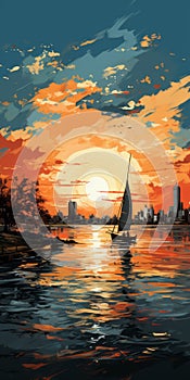 Impressionist Sailboat In Boston Harbor At Sunset photo