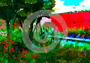 Impressionist style colour sketch of a design for a town garden with a red wall