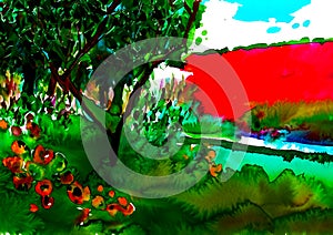 Impressionist style colour sketch of a design for a town garden with a red wall