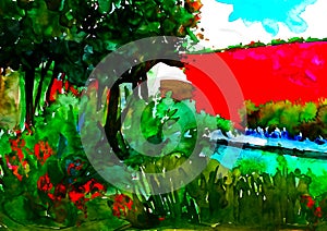 Impressionist style colour sketch of a design for a town garden with a red wall