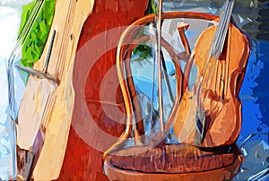 Impressionist style drawing of violin and cello musical instruments