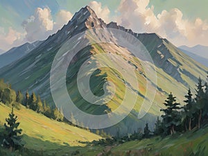 An Impressionist-style illustration of a mountain with a broad aspect ratio - generated by ai (2