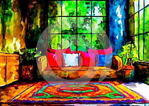 An impressionist style image of a sketch for a garden room