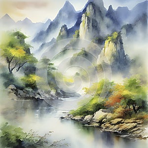 Impressionist watercolor painting of mountains and forests.