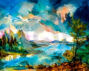 An impressionist watercolour painting style image of a landscape