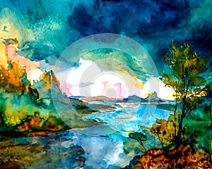 An impressionist watercolour painting style image of a landscape