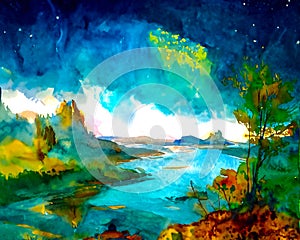 An impressionist watercolour painting style image of a landscape