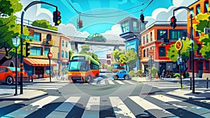 An impressionistic cartoon illustration of a city crossroad with a bus and a car on a transport intersection with a