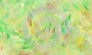 Impressionistic green background with yellow and brown paint brush strokes and spots with crinkled rough glass texture in modern a