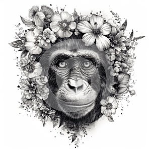 Impressionistic Monkey with Flowers in Realistic Blackwork Style on White Background for Invitations and Posters.