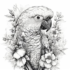 Impressionistic Realistic Blackwork Style Ara Parrot with Flowers on White Background for Invitations and Posters.