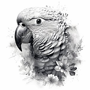 Impressionistic Realistic Blackwork Style Parrot with Flowers on White Background for Invitations and Posters.