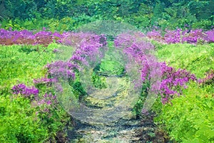 Impressionistic Style Artwork of Purple Wildflowers in a Springtime Field